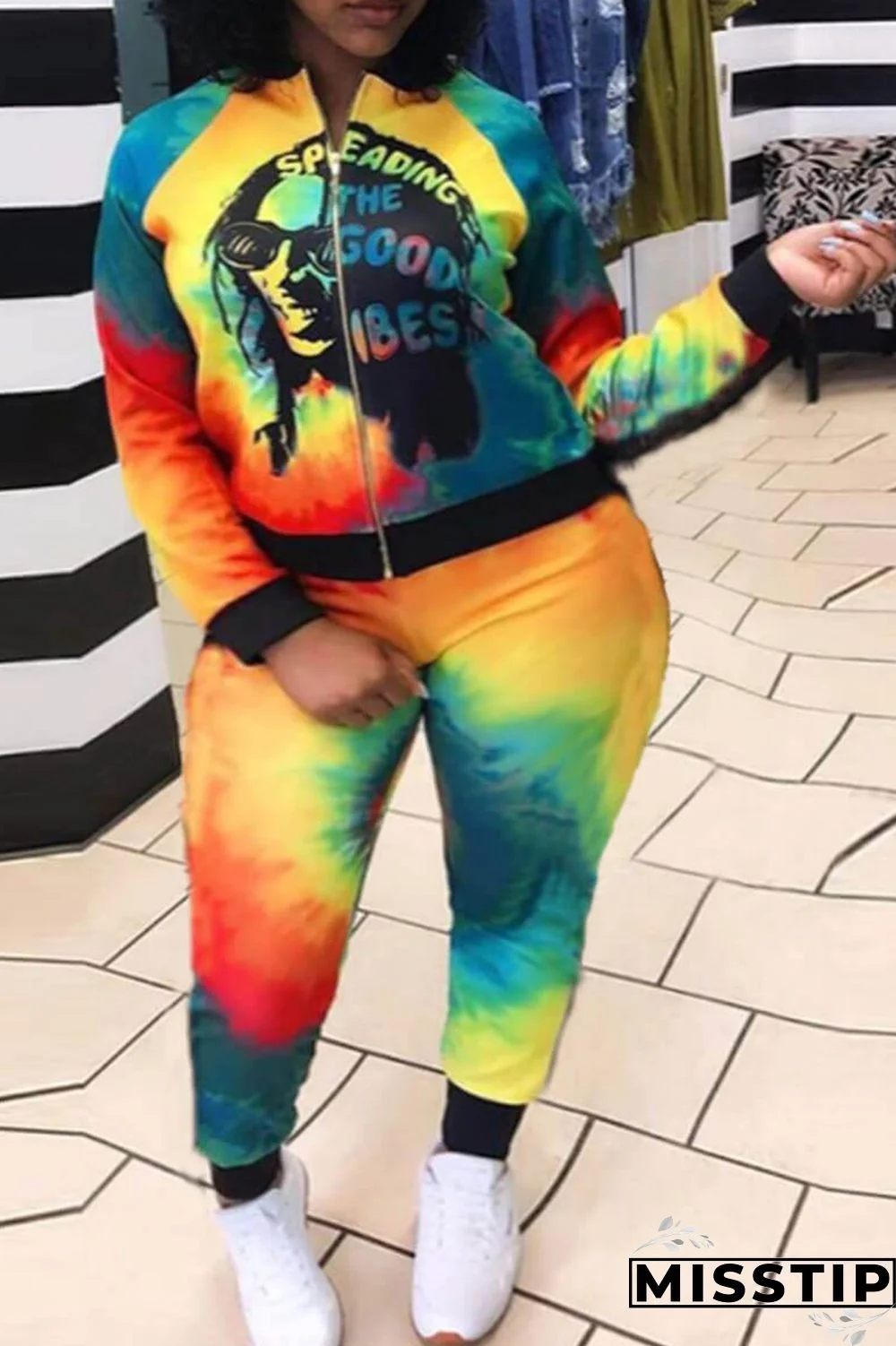 Red Yellow Casual Print Tie-dye O Neck Plus Size