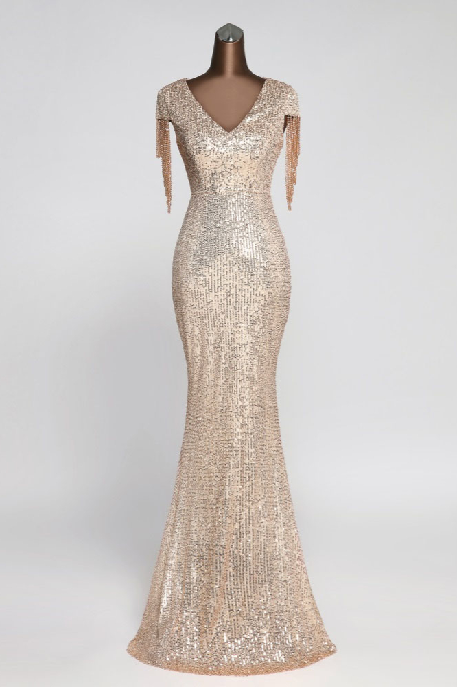 Gorgeous Sequins V-Neck Prom Dress Mermaid Long Evening Gowns Cap Sleeves - lulusllly