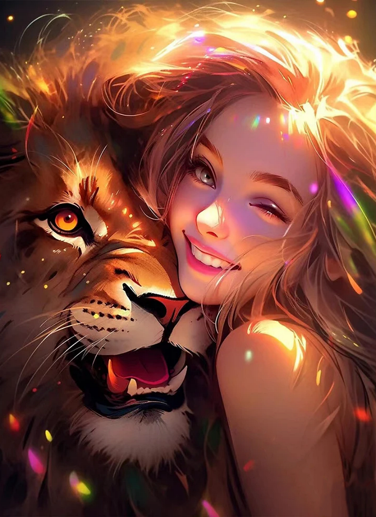 Full Round Drill Diamond Painting - Girl And Lion - 40*55cm