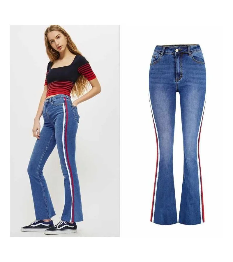 Women Casual Style Stripes Stitching Design Flare Jeans