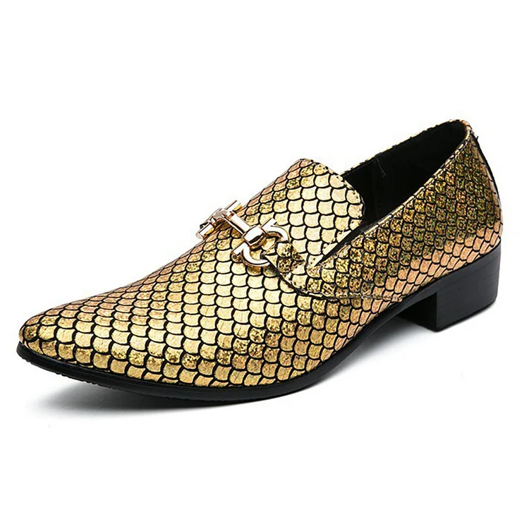Snake Faux Leather Glossy Pointy Toe Metallic Decor Slip-On Casual Loafers Shoes