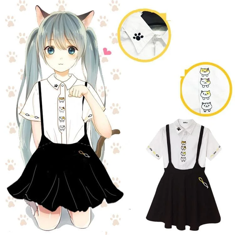 S-XL Neko Atsume Shirt and Suspender Skirt Outfit Set SP165716