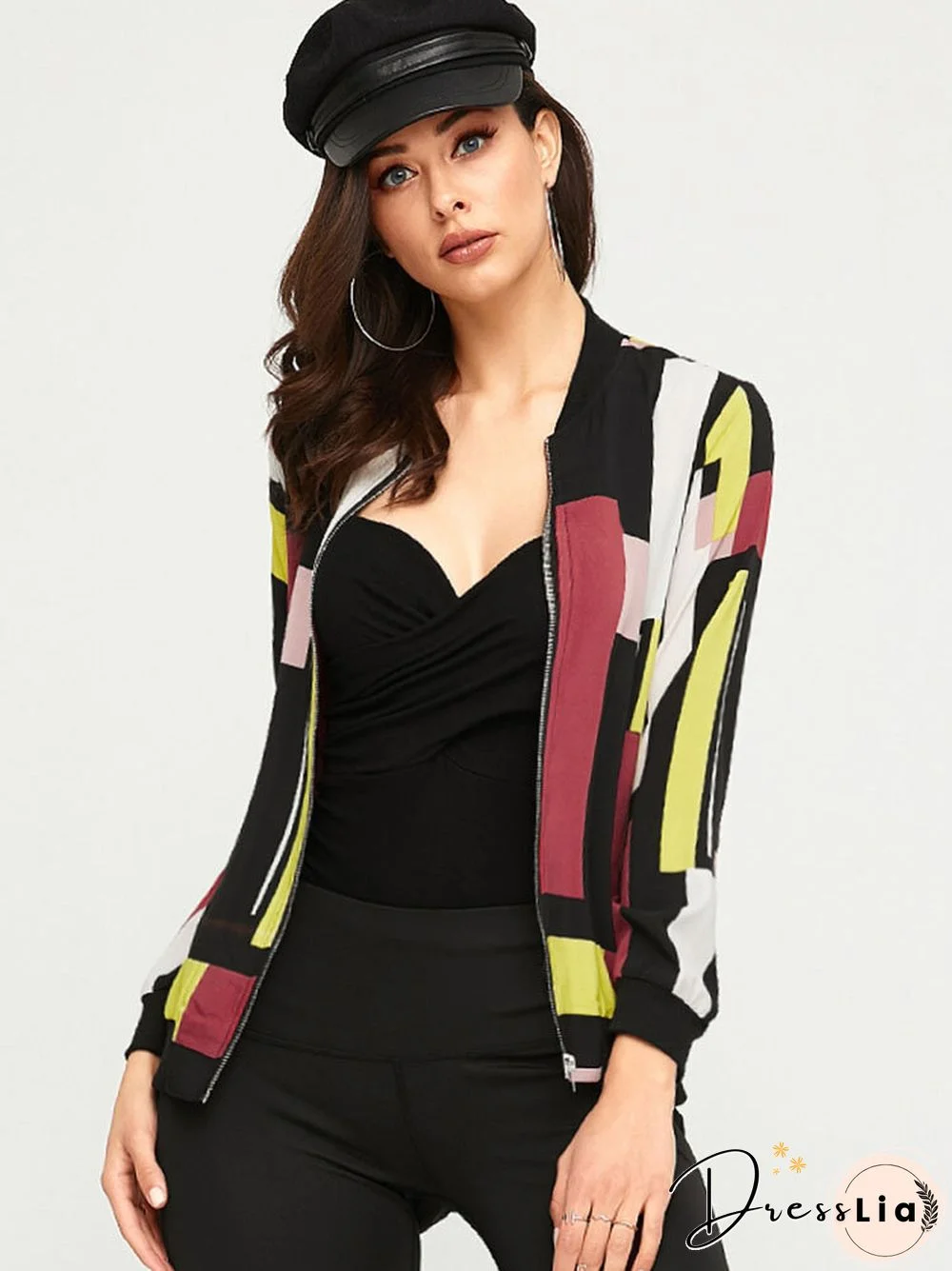 Geo Print Zip Front Pocket Long Sleeve Stand Collar Jacket