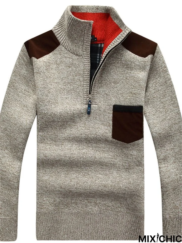 Men's Stand Collar Zipper Knitted Pullover Sweater