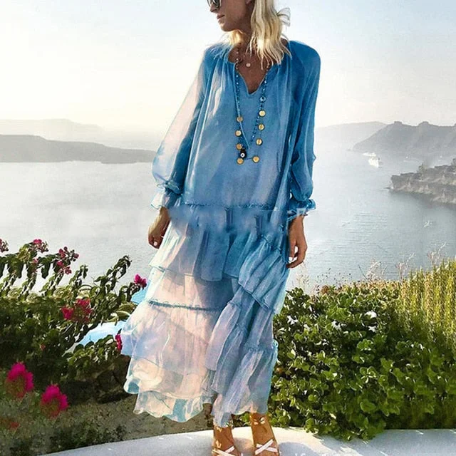Womens Holiday Beach Dress V-neck Solid Color Ruffle Detail with suspenders