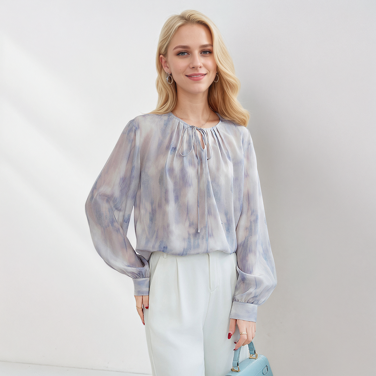 Women's Silk Blouse with Tie-Neck Detail REAL SILK LIFE