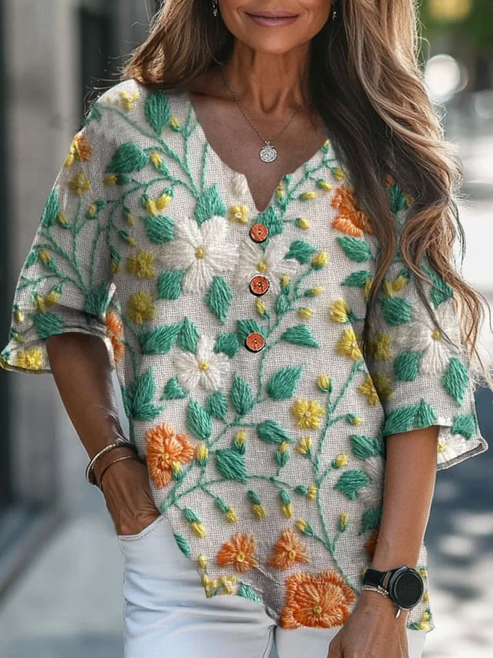 Embroidery Floral Pattern Printed Women's Casual Linen V-Neck Shirt