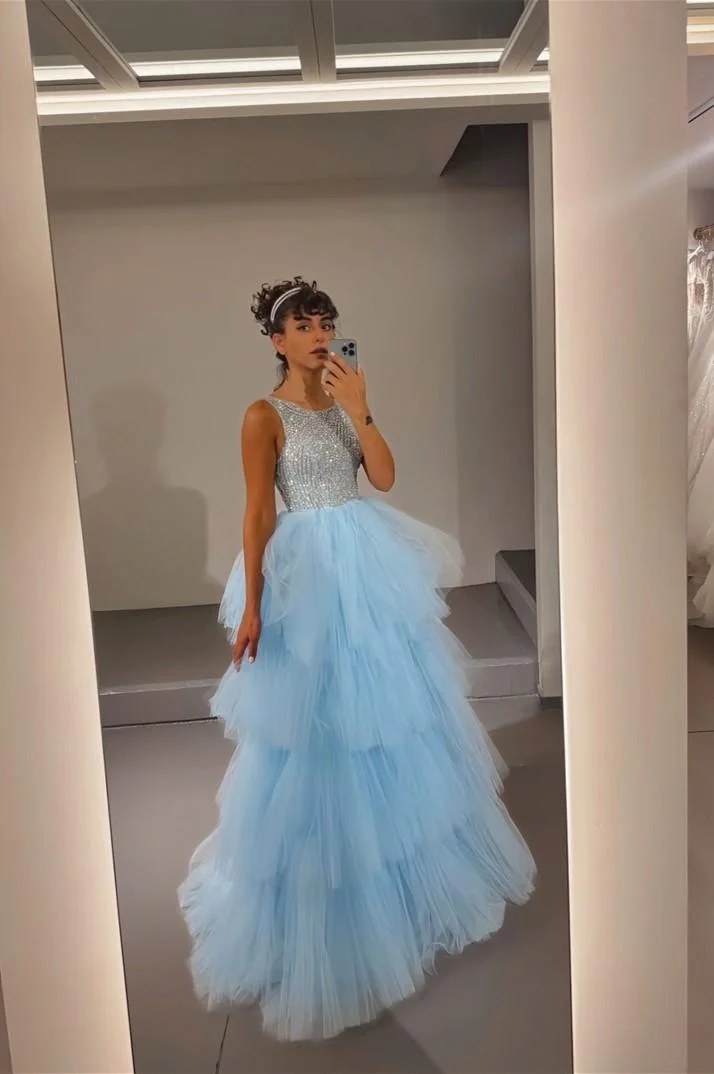 Miabel Glamorous Sky Blue Tulle Sleeveless Jewel Neck Spaghetti Strap Sequins Prom Dress with Ruffles 