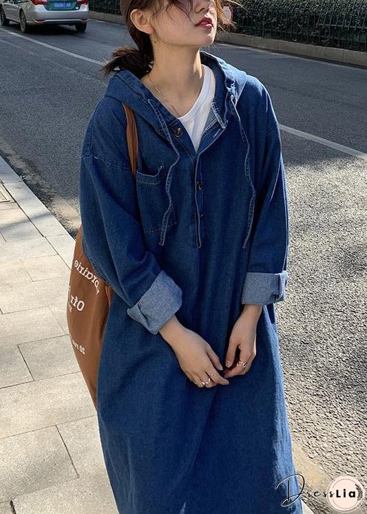 French Navy Hooded Button Patchwork Denim Dress Spring