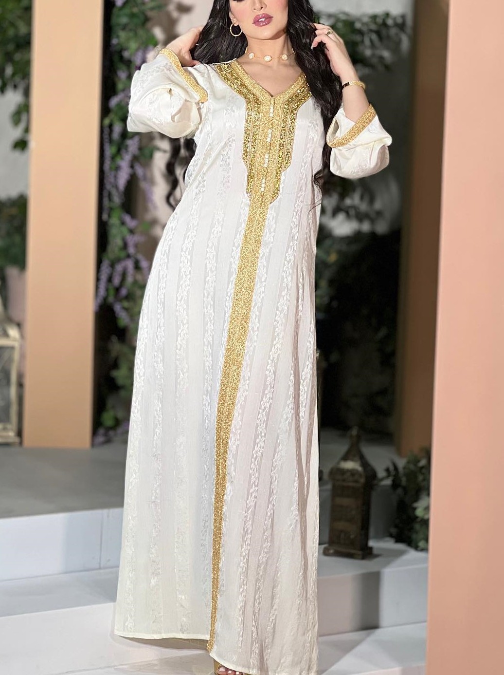 White Floral Pattern Foil Lace Long Sleeve Kaftan | Oxredo Shop Ramadan Sale