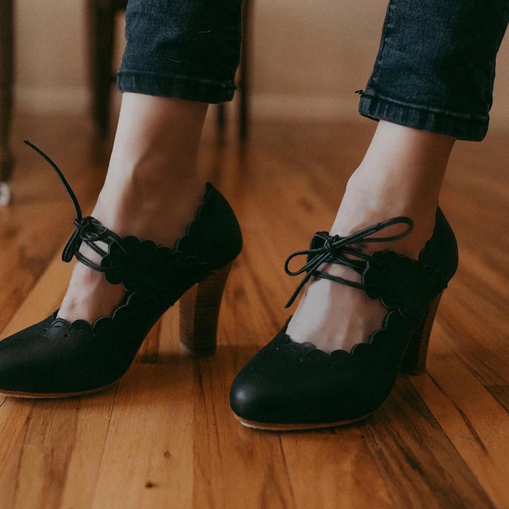 Black  Closed Toe Lace Up Pumps With Chunky Heels Nicepairs