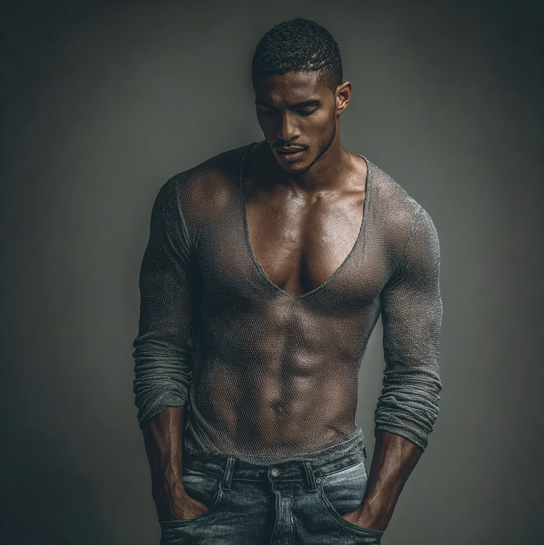 Men's Mesh T-shirt, V-neck, Sheer Long-sleeved Top-inspireuse