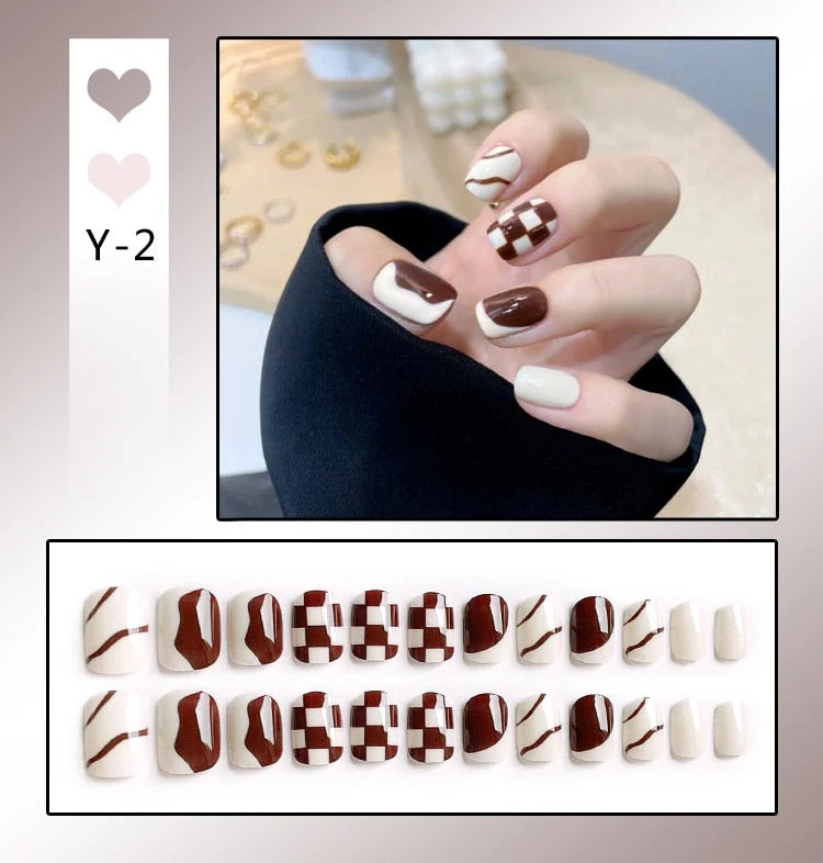 Coffin Square Checkerboard Press on Nails Short Fake Nails Black and White Acrylic Lattice Design Acrylic Nails Glue Decorations-Nail Inspo