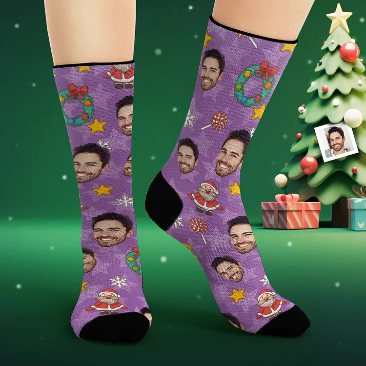 Custom Face Socks Personalized Photo Purple Socks Cartoon Christmas Elements