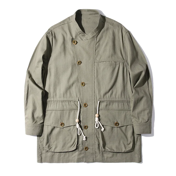 Vintage Green Cotton Linen Trench Coat Tooling Casual Jacket