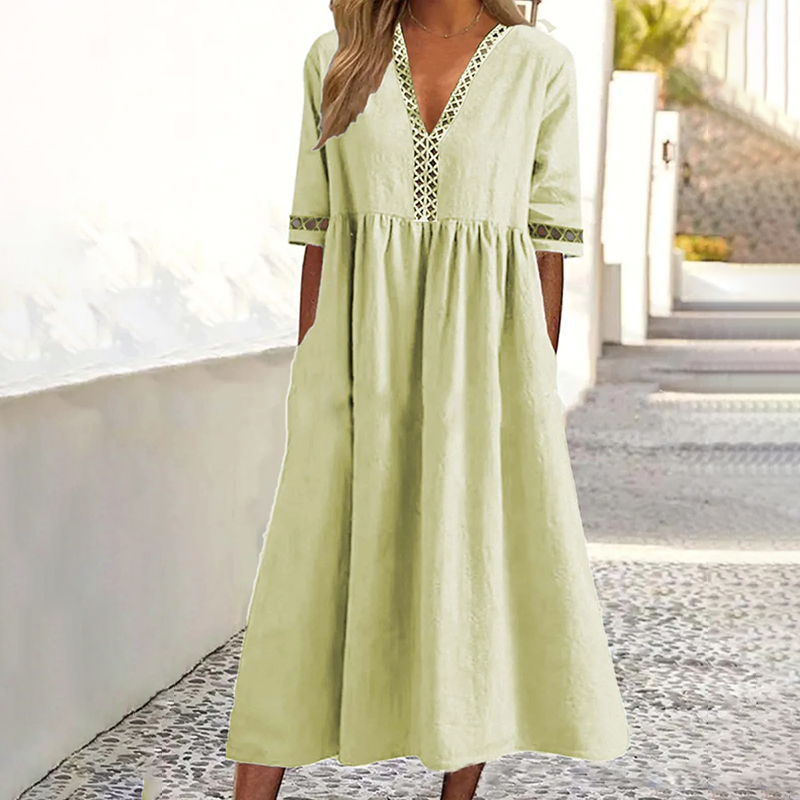 Casual Plain V Neck Hollow Midi Dress wearshes