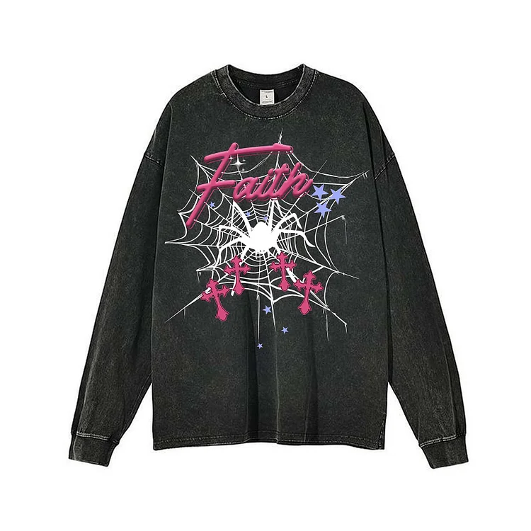 Sopula Spider Web Graphic Print Acid Washed Long Sleeve T-Shirt