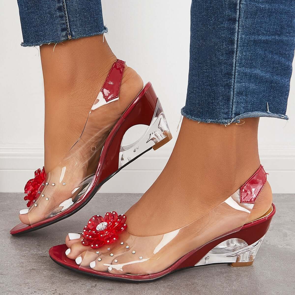Women's Clear Flower Rhinestone Sparkly Slingback Heels Wedge Sandals