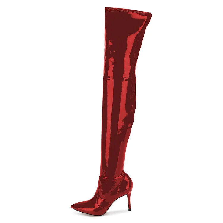 Maroon Mirror Leather Pointed Toe Thigh High Boots with Stiletto Heel |FSJ Shoes