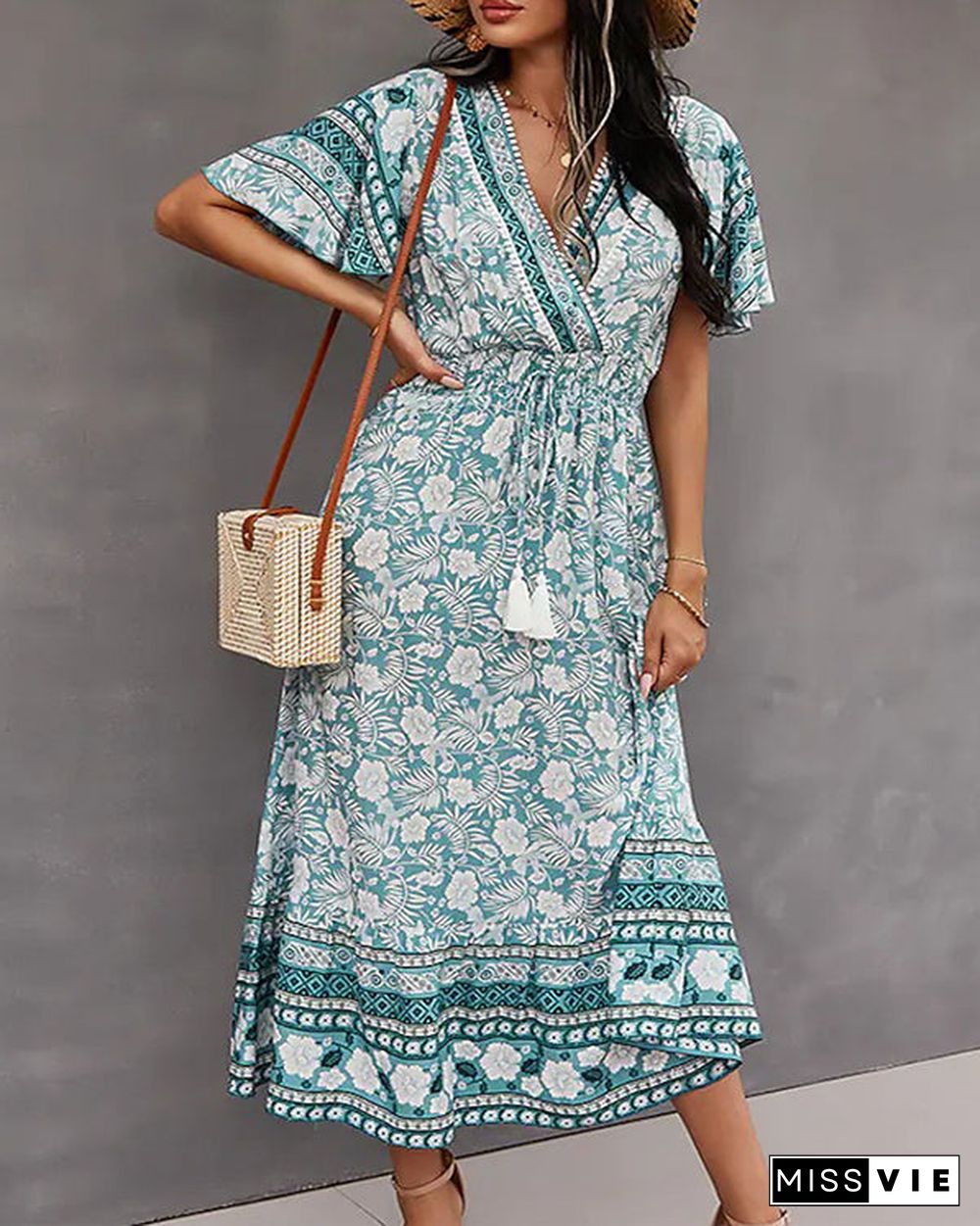 Casual Vintage Boho V-Neck Print Dress