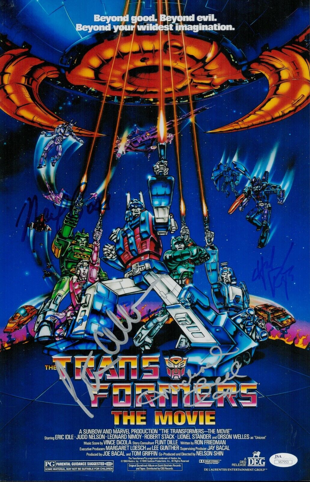 Peter Cullen Michael Bell +3 Hand Signed 11x17 Transformers The Movie JSA COA