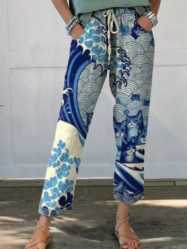 Women's CATch The Blue Wave&cats 2024 Printed 100%Cotton Casual Pants