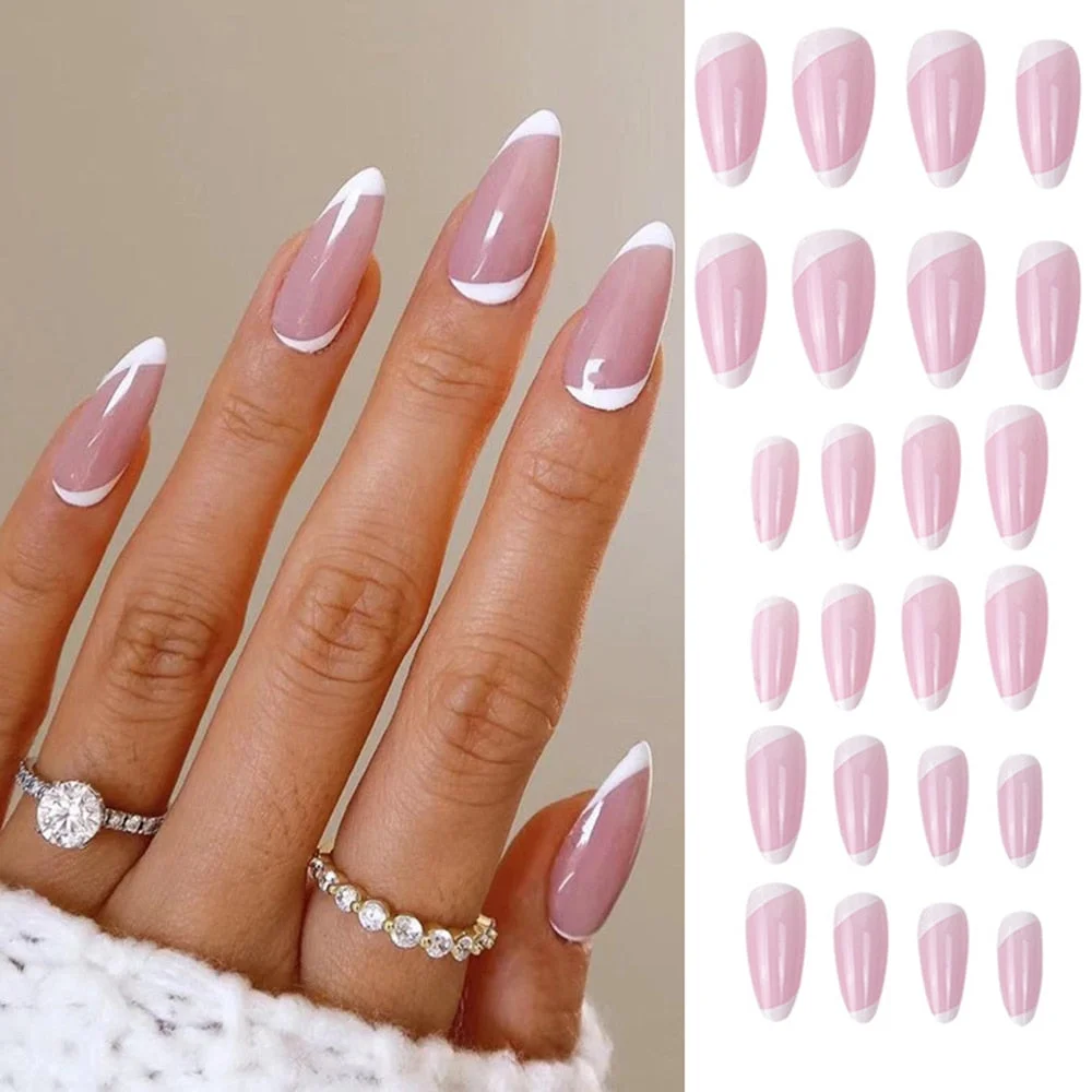 24pcs Point Head False Nails Tips Press On Nail with Heart Print Design Girl DIY Nail Patch Removable French Style Fake Nails-Nail Inspo