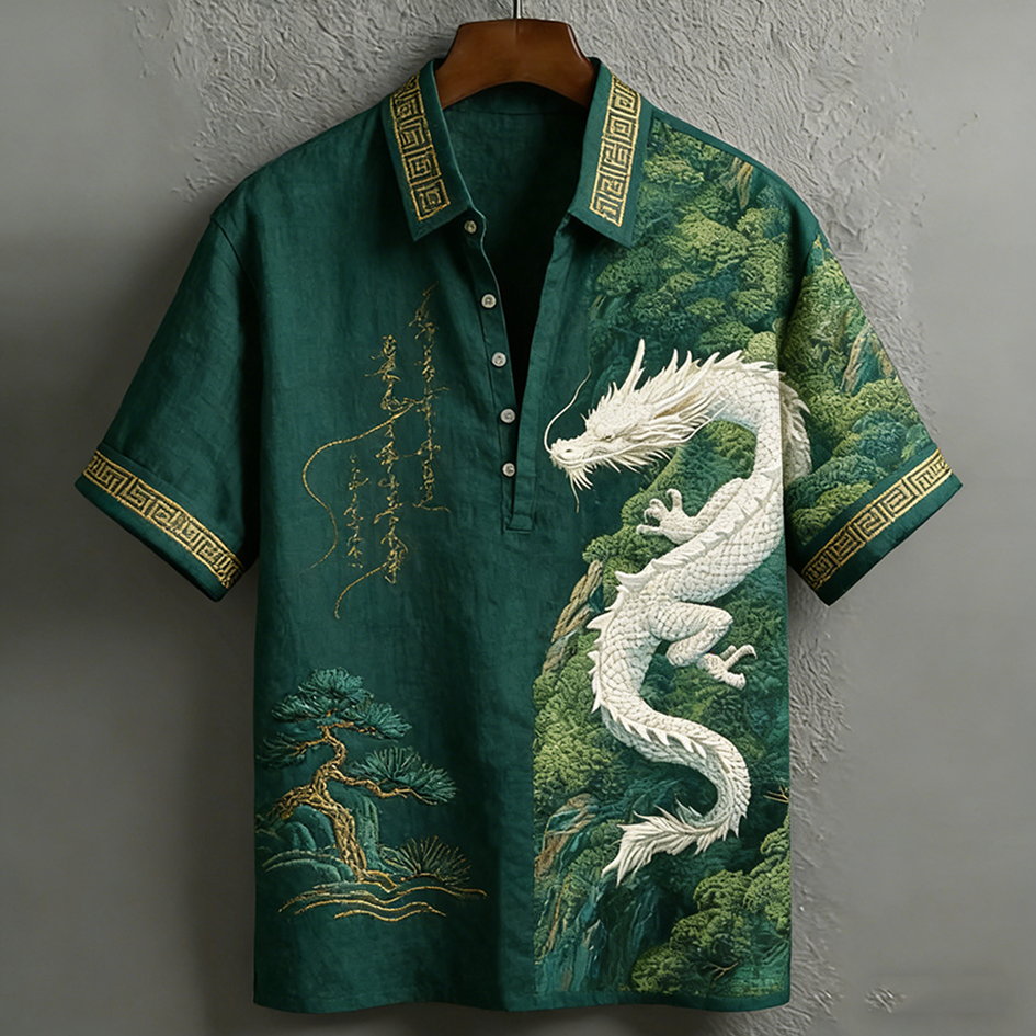 Comstylish Japanese Art Retro Dragon Pattern Embroidery Men's Casual Linen Shirt