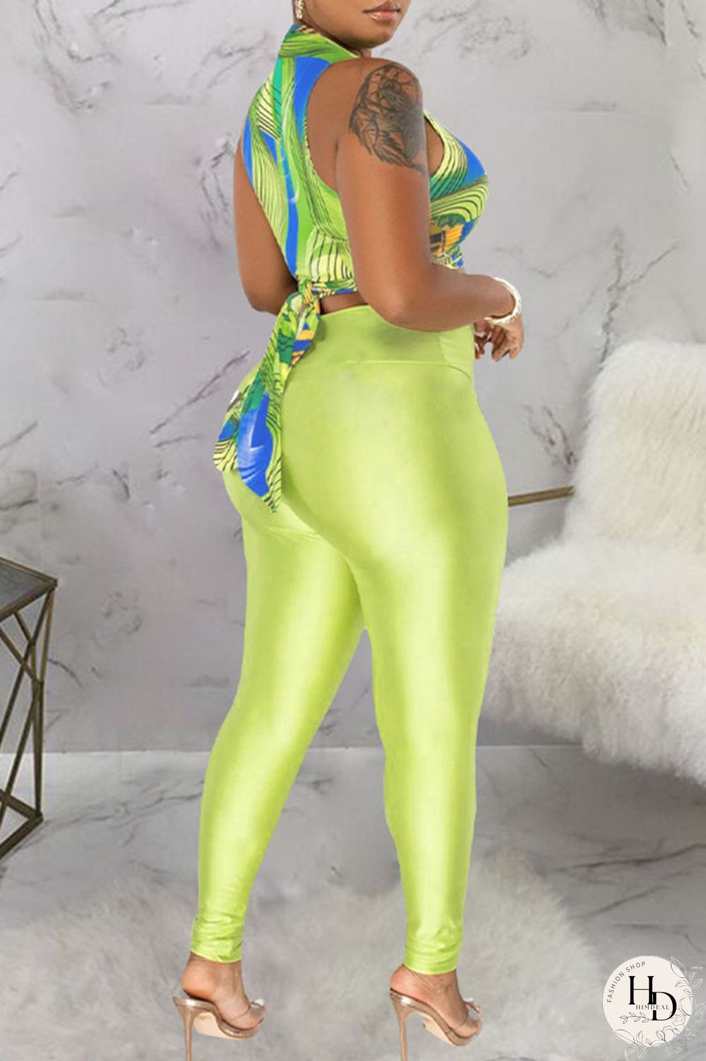 Yellow Sexy Print Bandage Patchwork V Neck Sleeveless Two Pieces