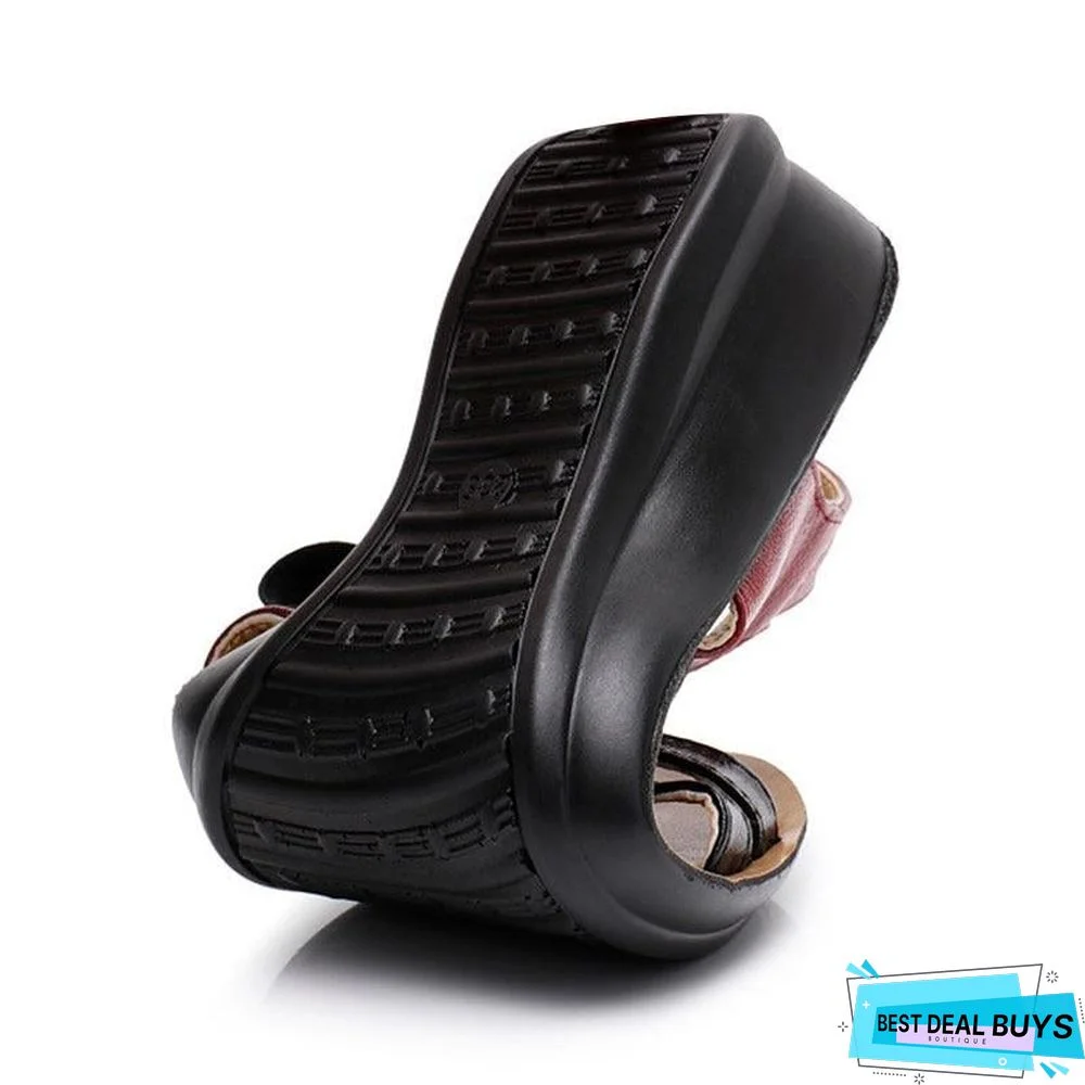 Women Slip-On Leather Sandals Peep Toe Soft Slippers Flat Shoes