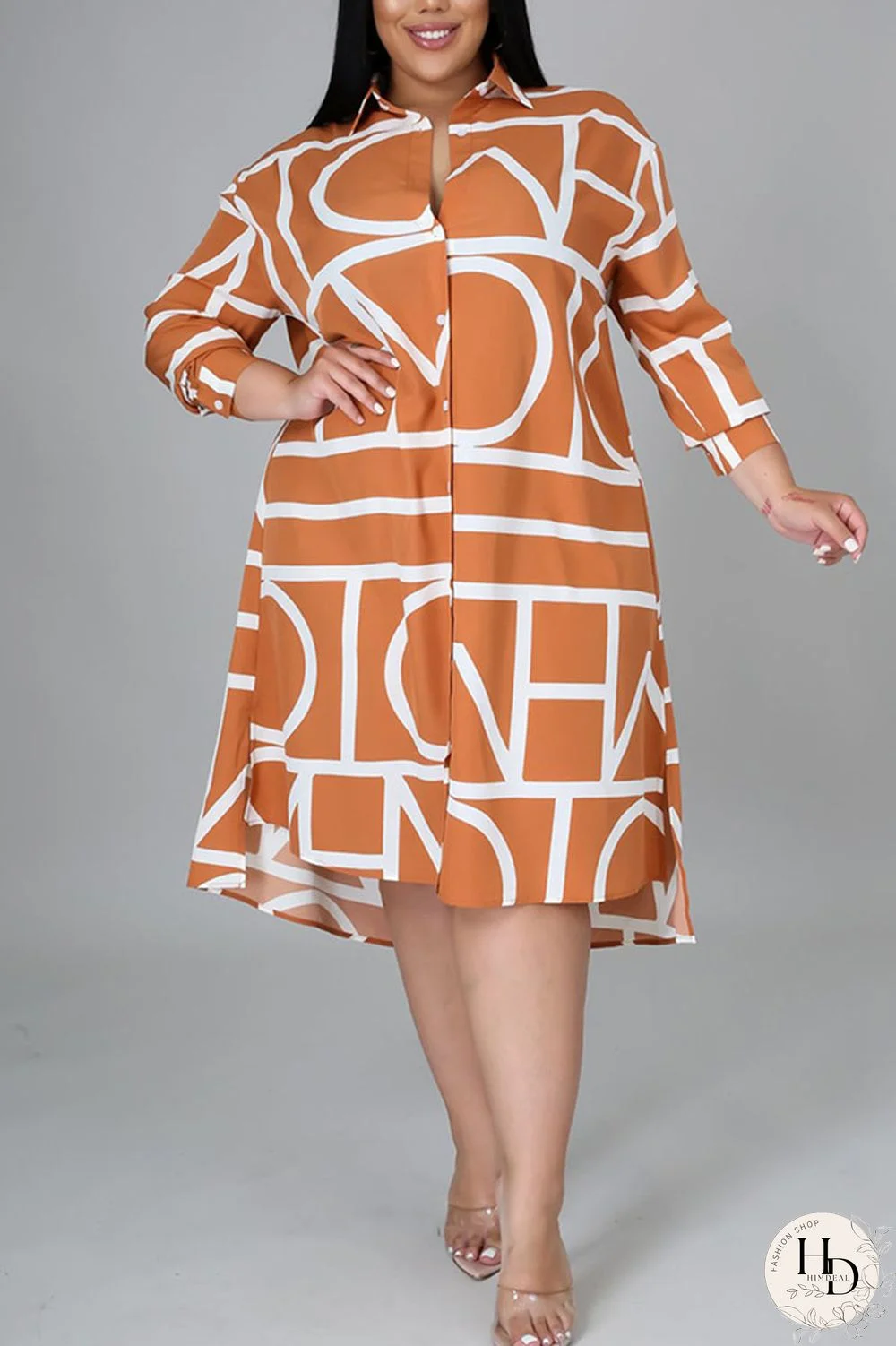White Casual Print Split Joint Turndown Collar Shirt Dress Plus Size Dresses