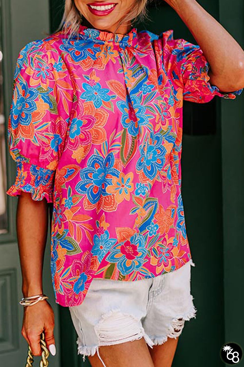 Rose Frilly Mock Neck Short Puff Sleeve Floral Blouse | 168DEAL