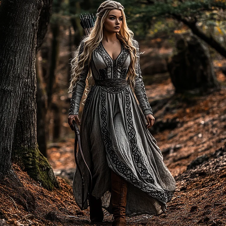 Vintage Viking Celtic Cotton Linen V Neck Mixi Dress