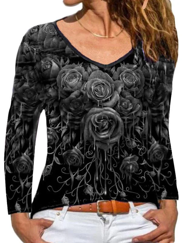 Women Long Sleeve V-neck Graphic Floral Printed Top