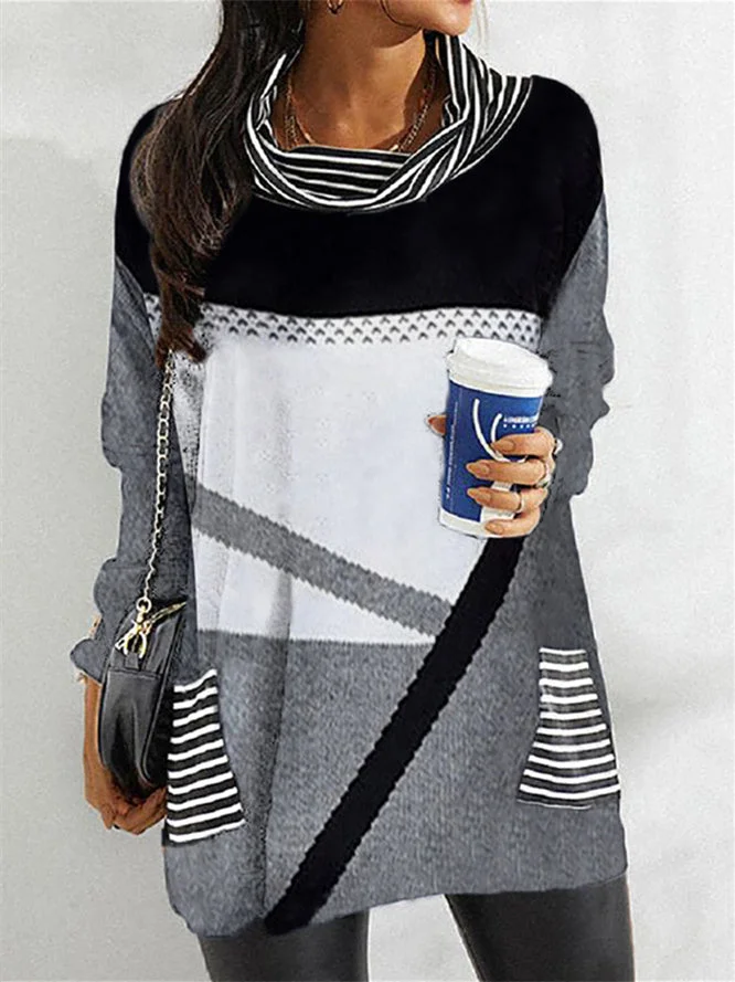 Women's Long Sleeve Scoop Neck Geometric Graphic Stitching Striped Pockets Printed Tops