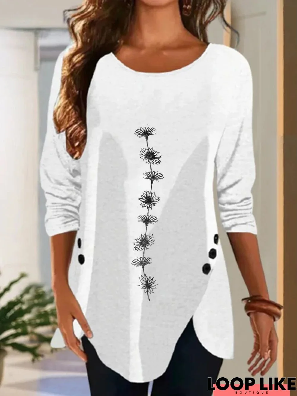 Casual Floral Crew Neck Long sleeve Loose Top TUNIC