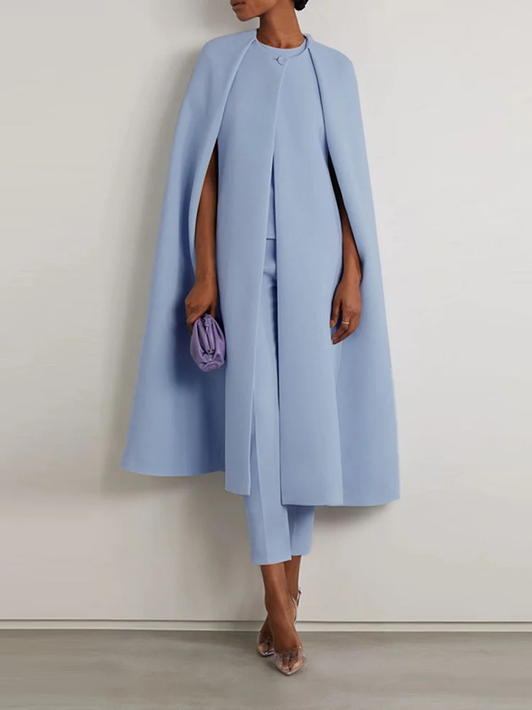 Cap Sleeve Solid Color Round-Neck Cape Pants Pants Set Two Pieces Set