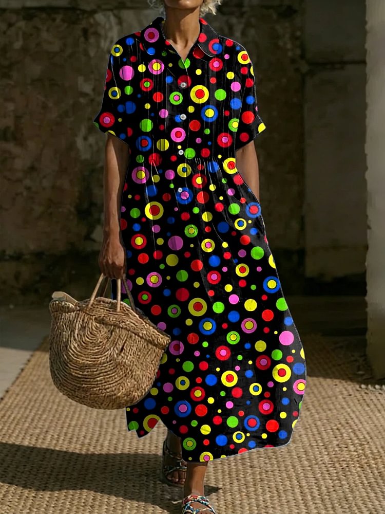 Women's Fashionable Abstract Polka Dots Print Casual Short Sleeve Small Collared Linen Dress