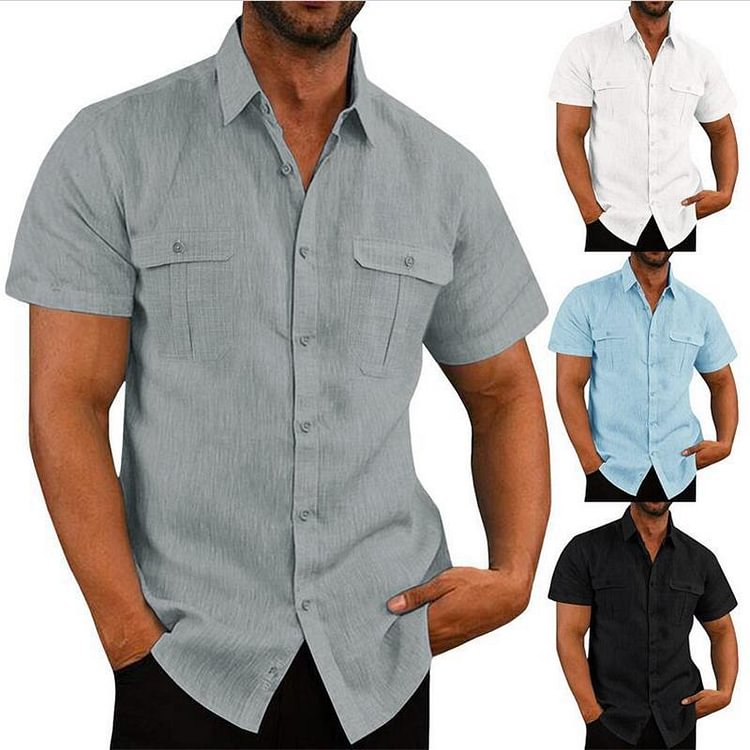 Men's Double Pocket Cotton Linen Short Sleeve  Casual Vacation Shirts