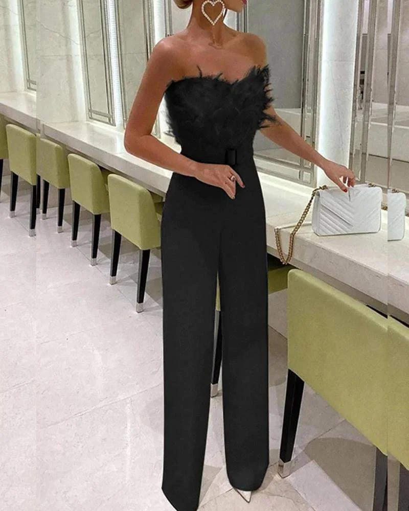 Rowangirl Fashion Feather Sexy Off Shoulder Sleeveless Slim Jumpsuit