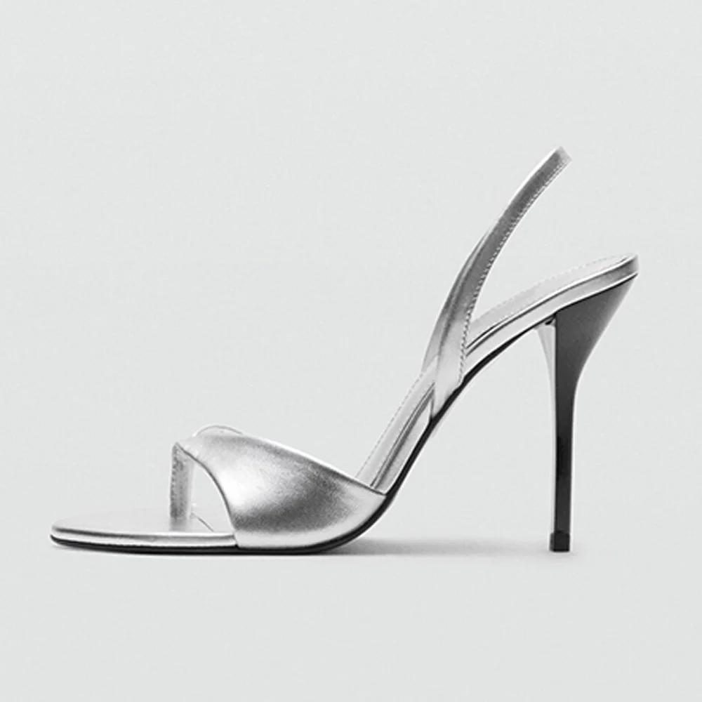 Silver Round Toe Stiletto High Heel Flip Flop Summer Sandals