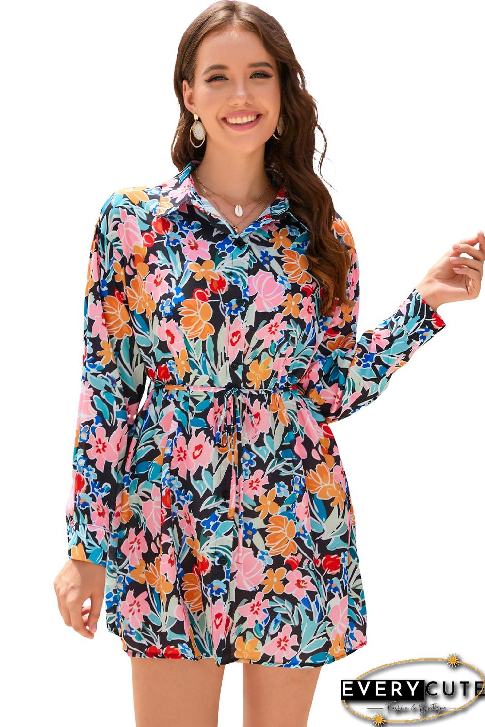 Multicolor Floral Buttoned Collared Long Sleeve Mini Dress