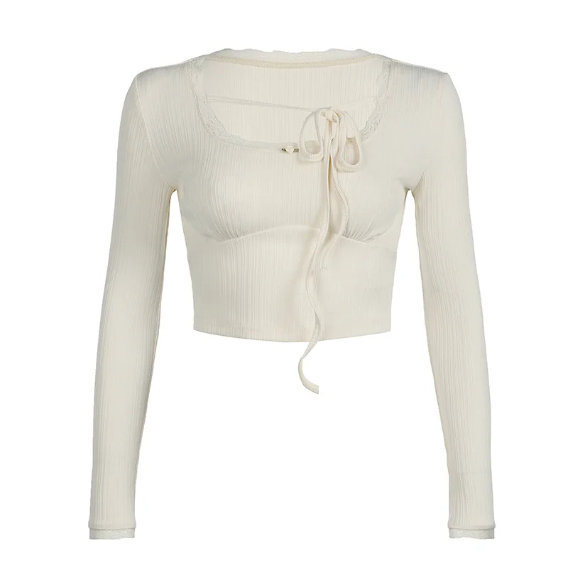 Ueong French Maiden Style Square Collar Bow Tie T-Shirt Sexy Short Navel Long-Sleeved Blouse