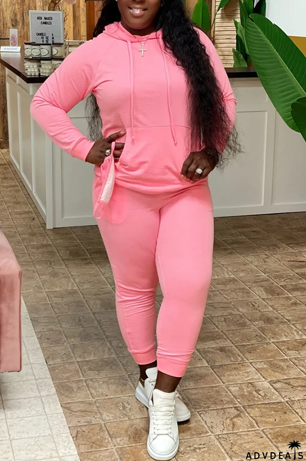Pink Casual Solid Split Joint Hooded Collar Plus Size Two Pieces
