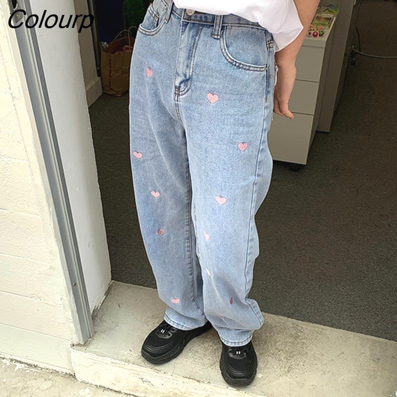 Colourp Women's Jeans Vintage Heart Shaped Embroidery Streetwear High Waist Wide Leg Pants Baggy Harajuku Straight Denim Trouser