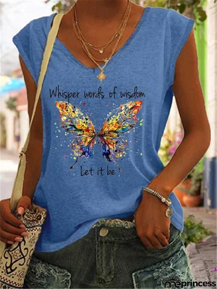 Butterfly And Words Printed V-Neck T-Shirts