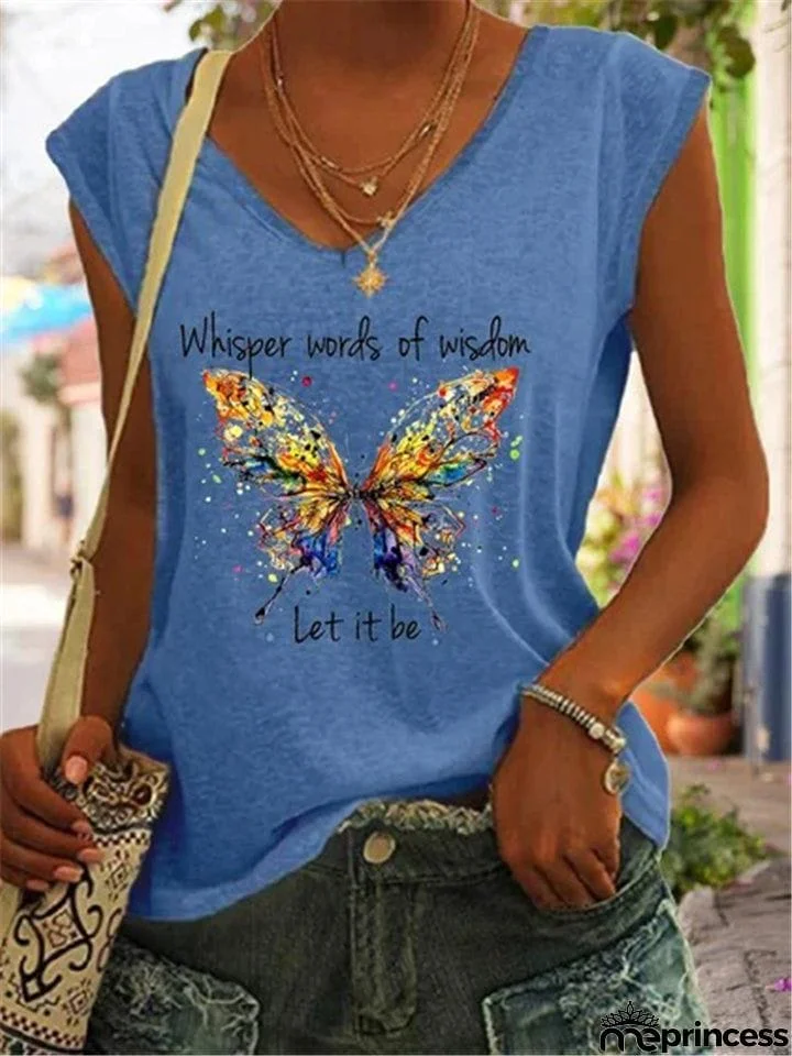 Butterfly And Words Printed V-Neck T-Shirts