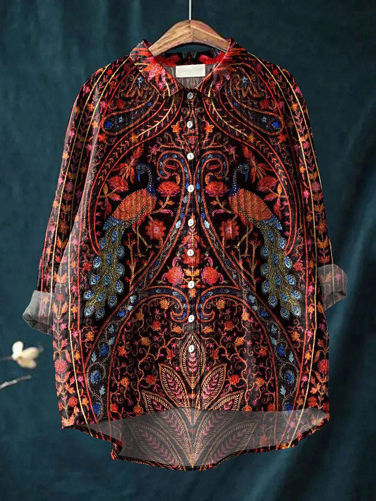 Women's Vintage Floral Peacock Pattern Art Print Casual Cotton And Linen Ruffle Shirt