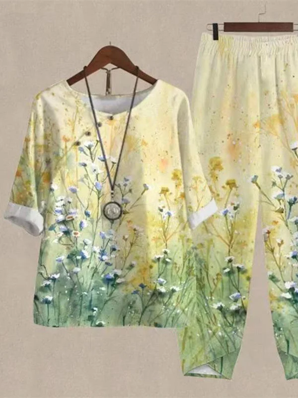 Women's Button Graphic Floral Printed Scoop Neck Short Sleeve Sets