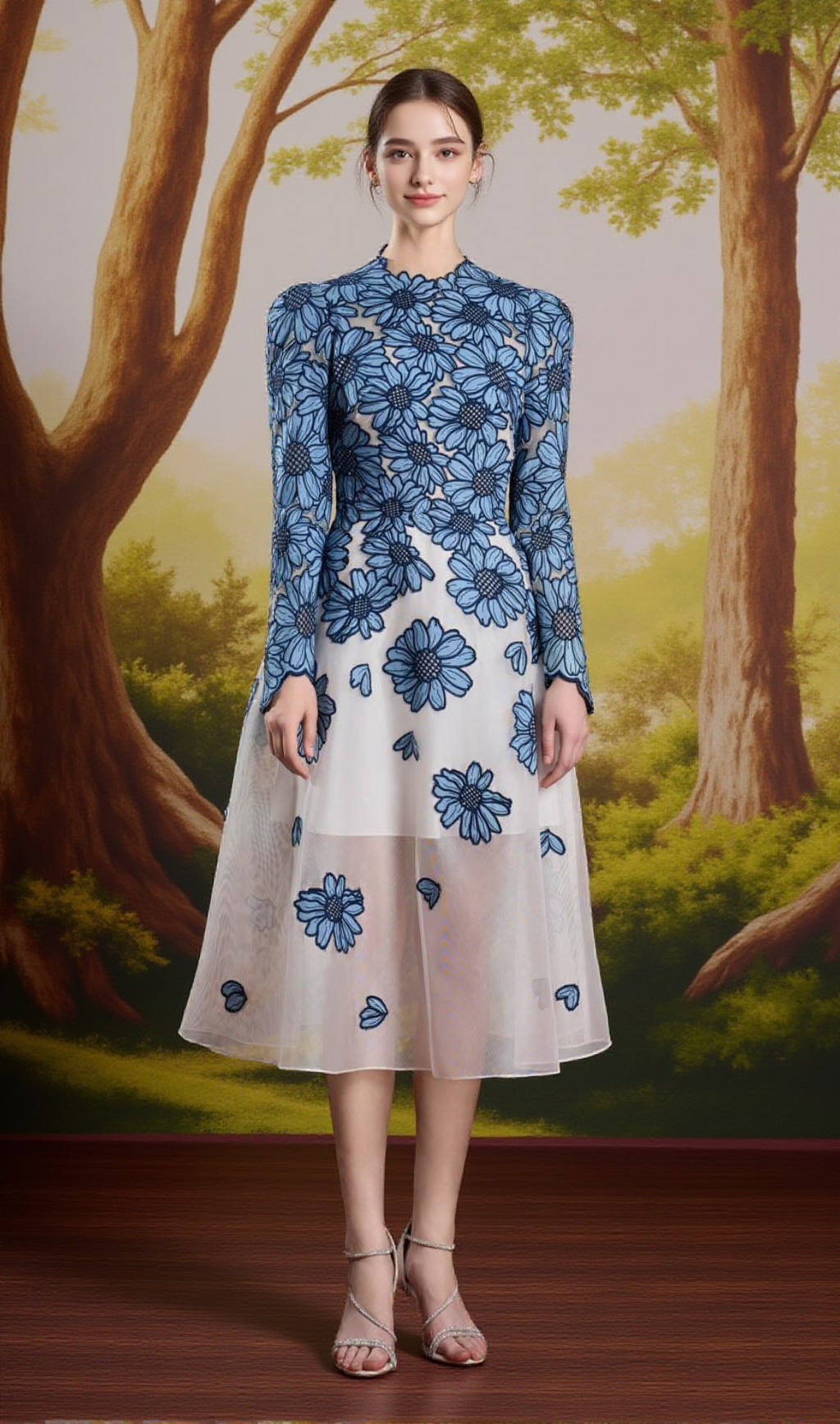 danielle blue-white a-line square shoulder lace midi dress